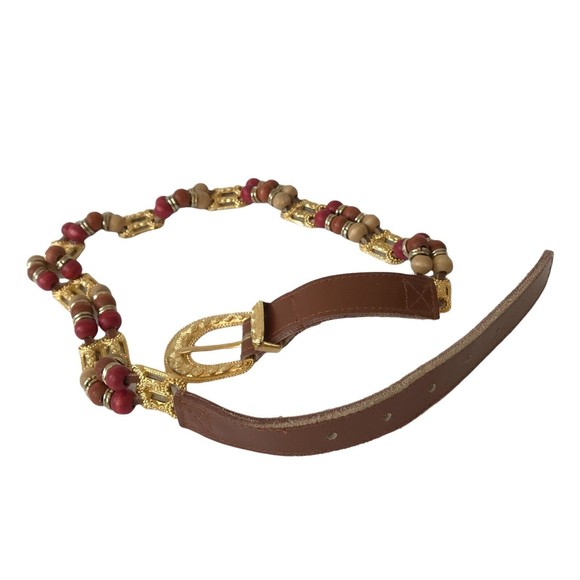 Express Women Brown Belt Size M Wood Beads Buckle Genuine Leather Boho bohemian - Picture 8 of 8